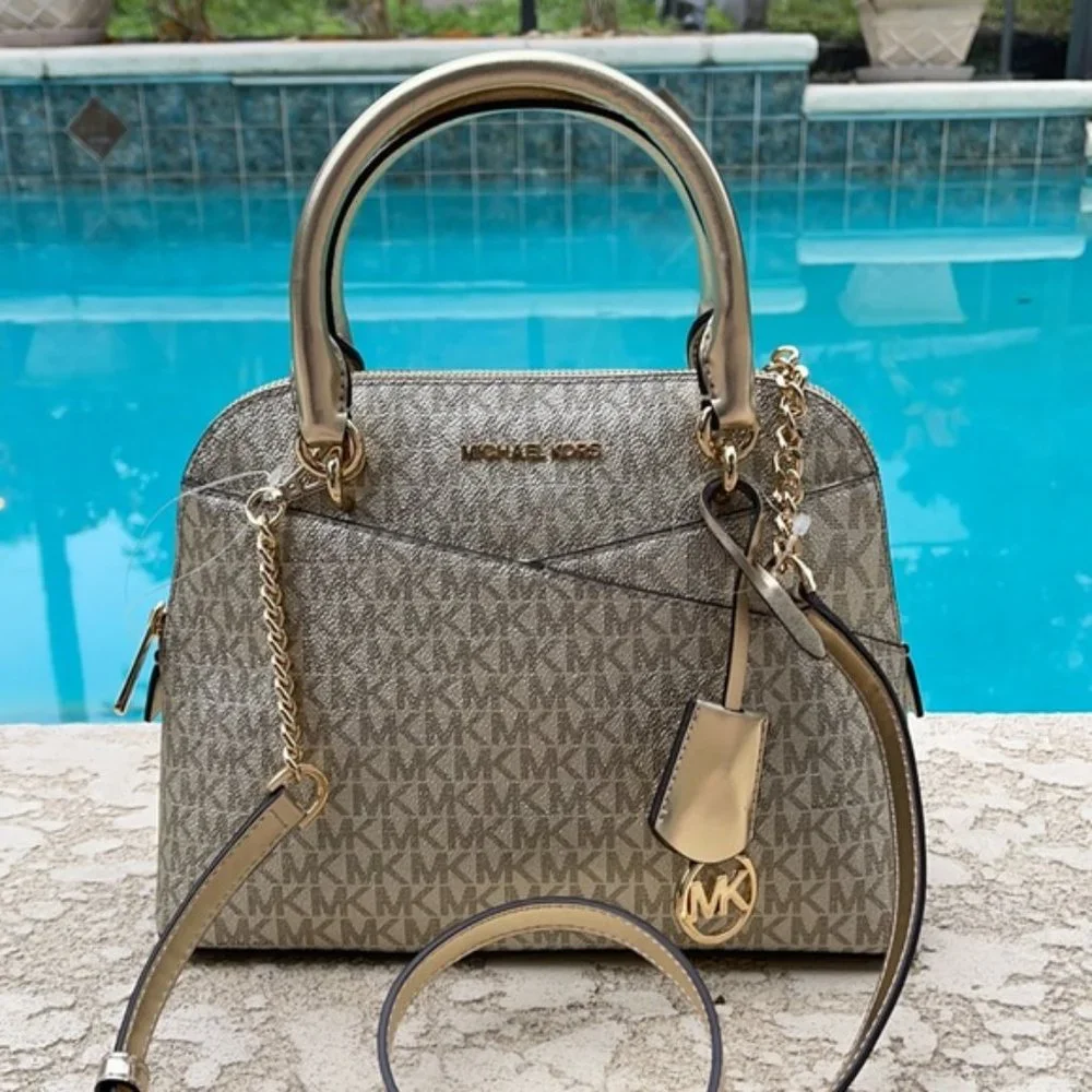 Michael Kors Jet Set Travel Medium Dome Crossbody Satchel Bag Pale Gold - Picture 1 of 16